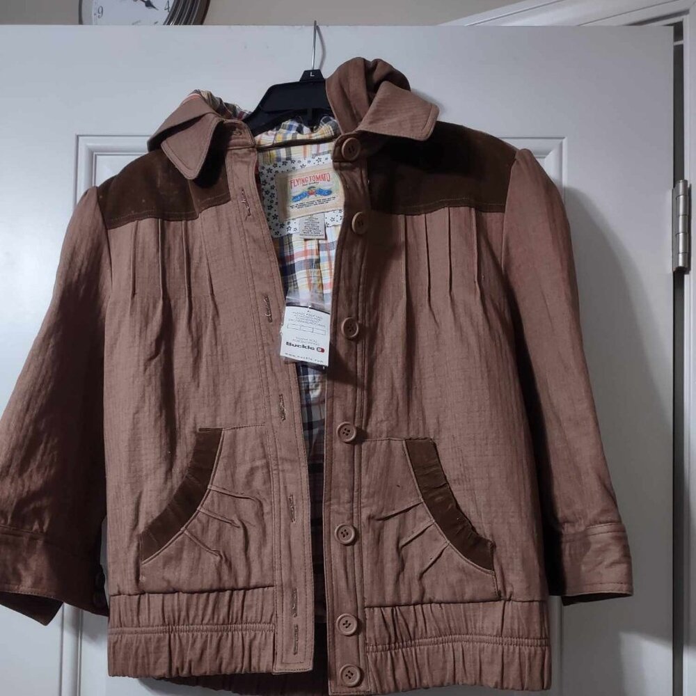 Brand New Brown Jacket with Pockets and Removable Hood from Buckle.